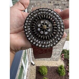 FOSSIL Genuine Leather Belt Brown Floral Rhinestones Buckle Womens Medium